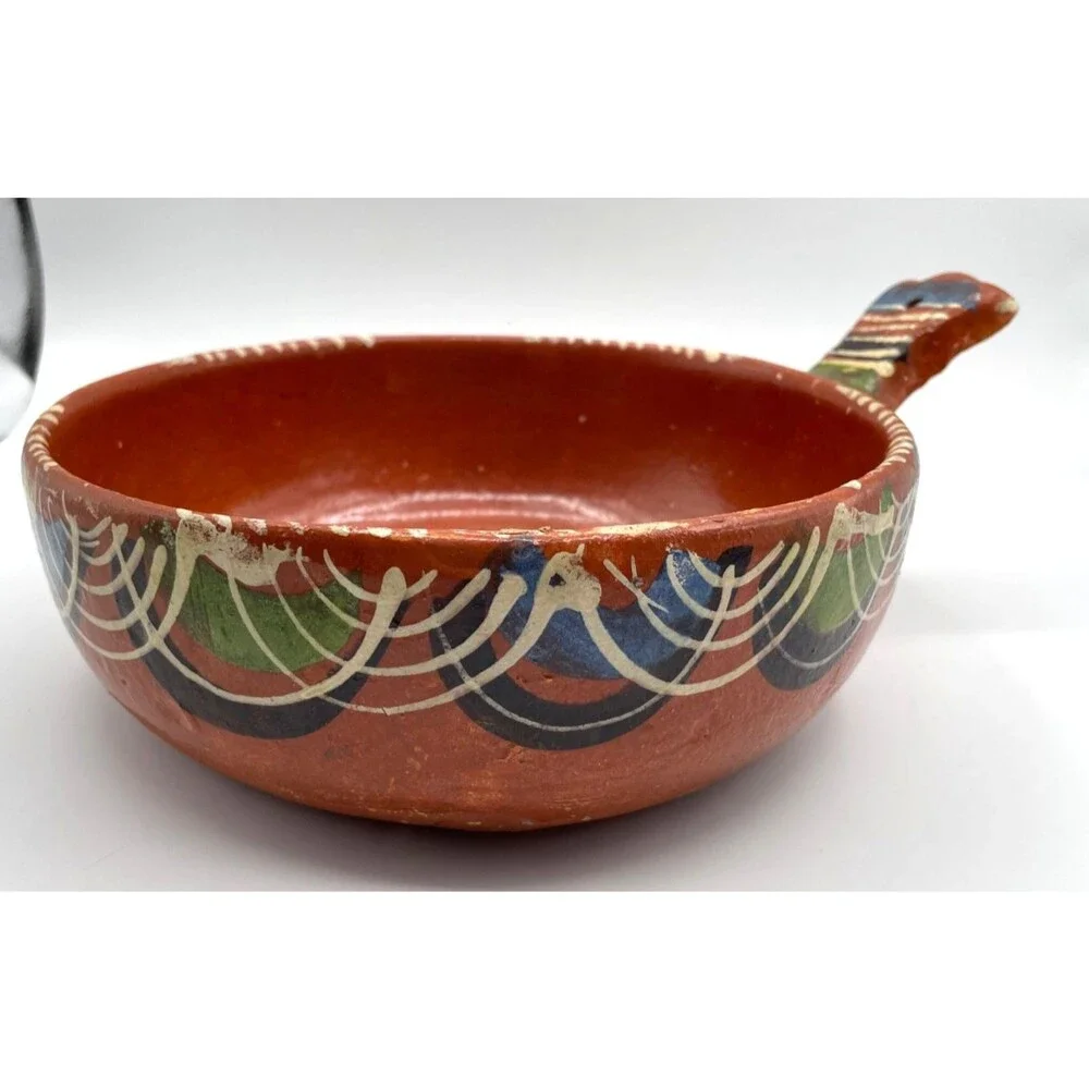 Vintage Mexican Folk Art Pottery Tlaquepaque Casserole Dish w/ Handle Hand Paint